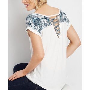 Maurices White Tee with Navy Patterned Yoke and Lace-Up Back